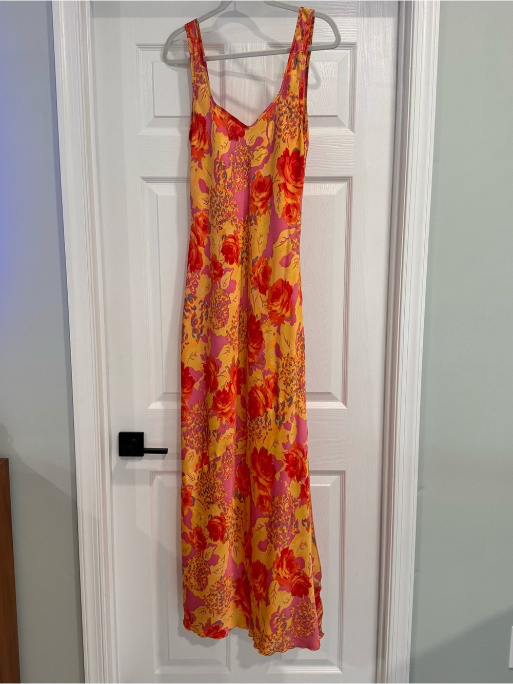 Free People Yellow Maxi Slip Dress with Pink & Red Floral Print